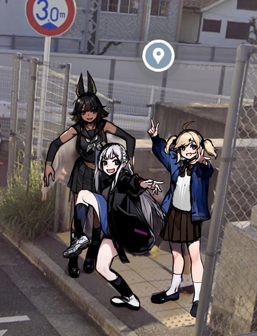 3girls, :d, ahoge, animal_ears, arm_up, black_footwear, black_hair, black_jacket