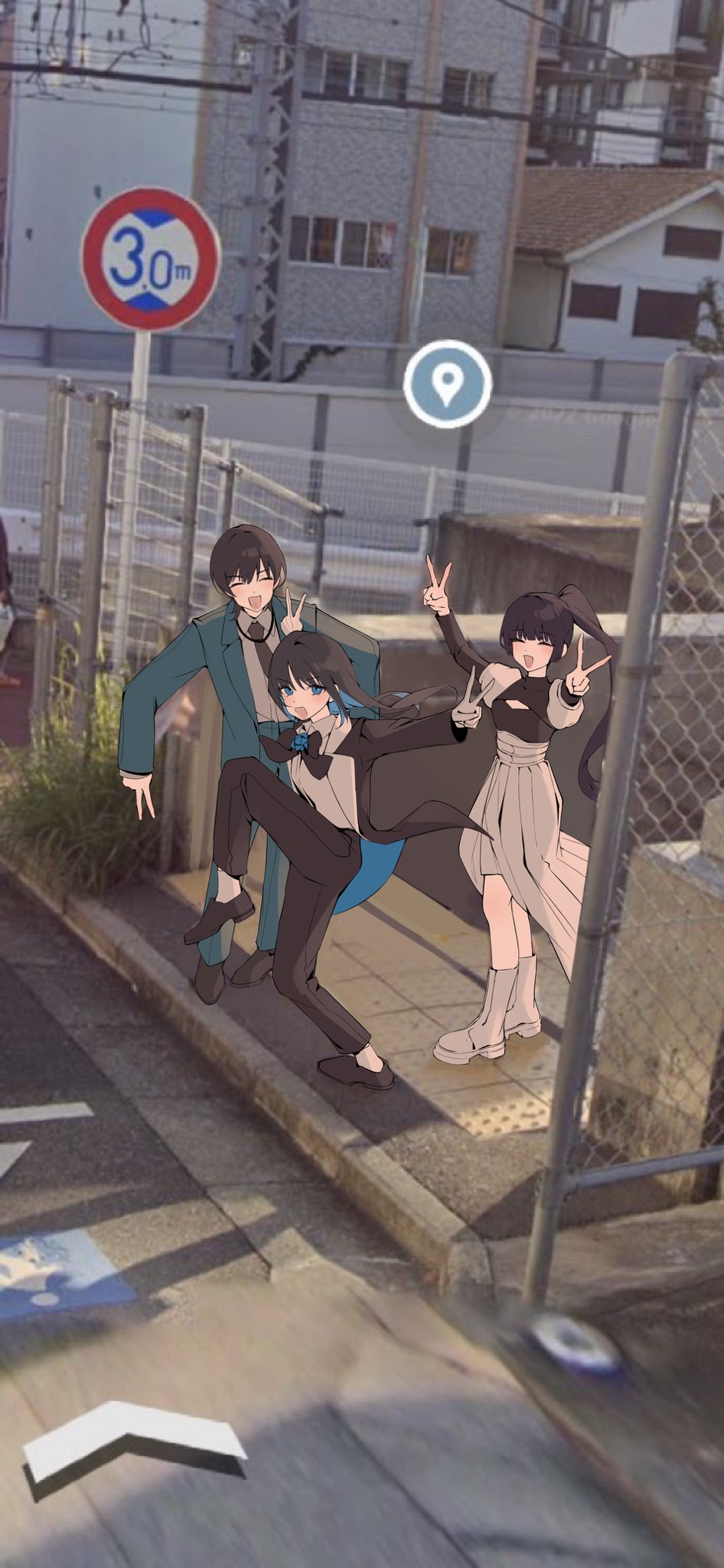 3girls, ^_^, ado_(utaite), black_bow, black_bowtie, black_footwear, black_hair, black_necktie