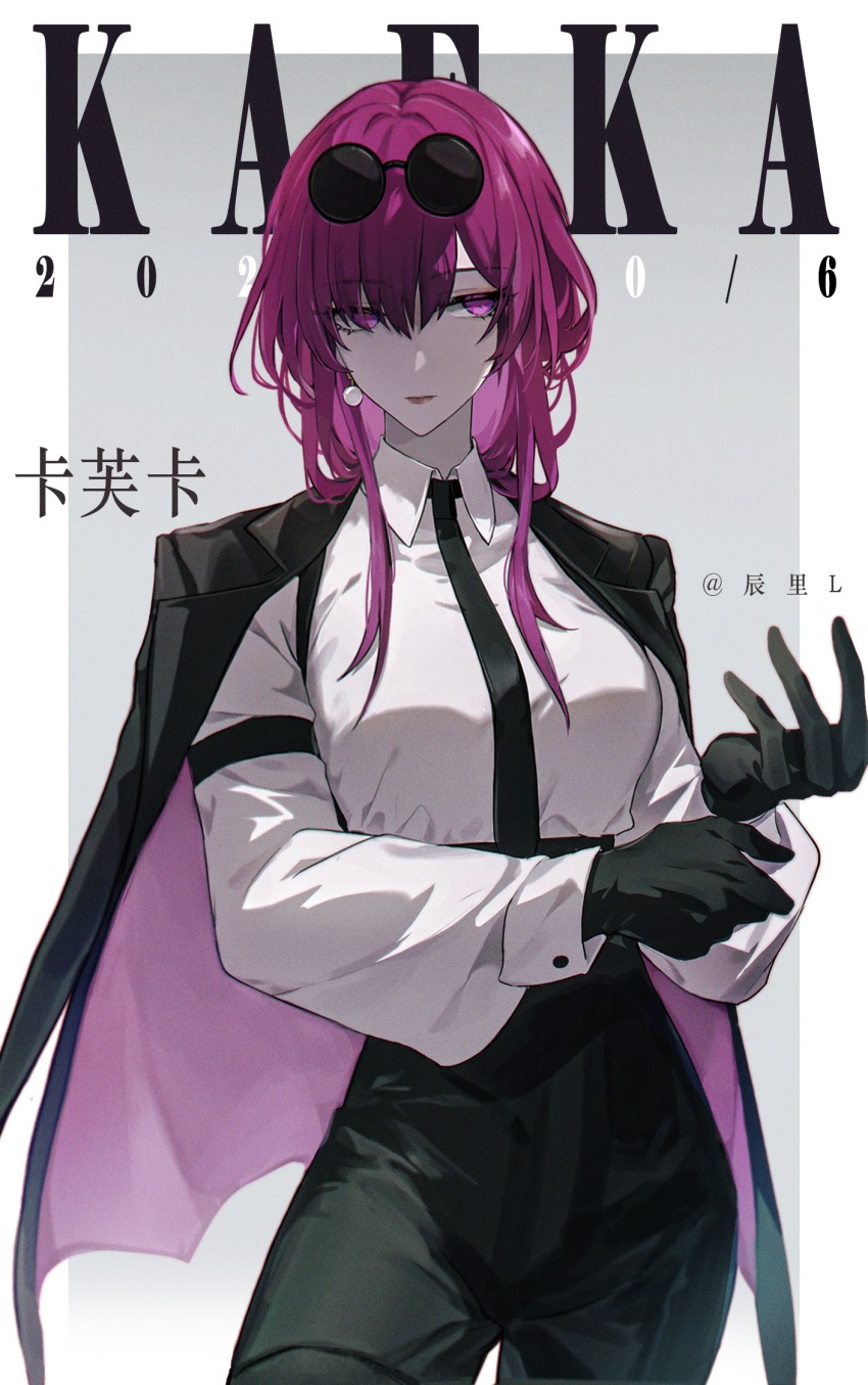 1girl, arm_strap, artist_name, black-tinted_eyewear, black_gloves, black_jacket, black_necktie, black_pants