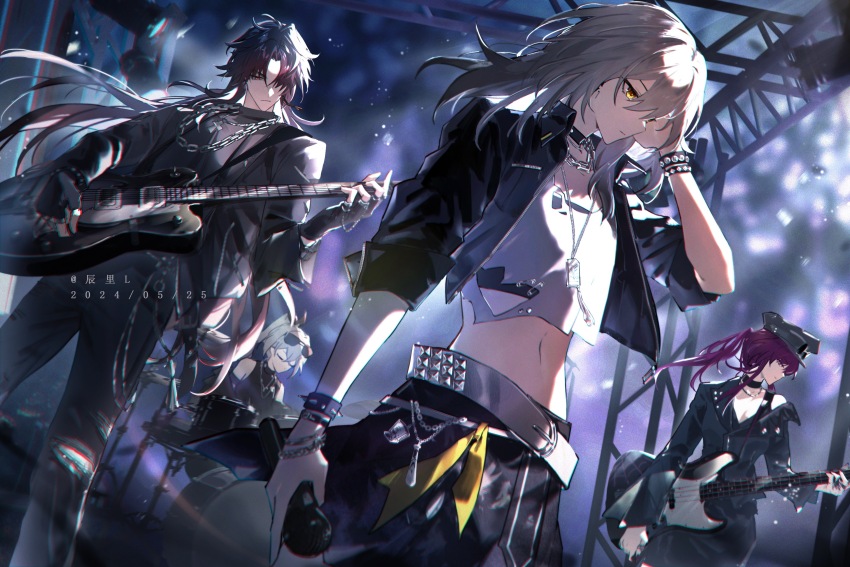 1boy, 3girls, absurdres, alternate_costume, artist_name, band_(music), belt, black_choker
