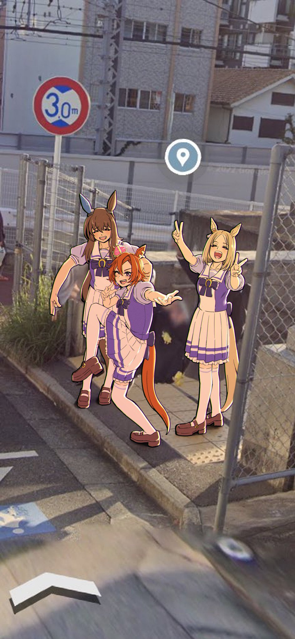 3girls, admire_vega_(umamusume), animal_ears, blonde_hair, brown_hair, crown, ear_covers, full_body