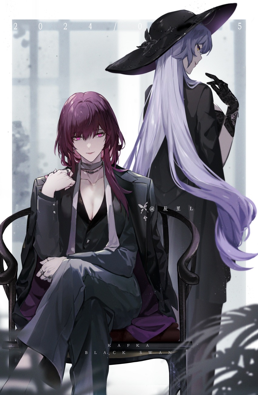 2girls, absurdres, alternate_costume, artist_name, black_coat, black_gloves, black_hat, black_pants