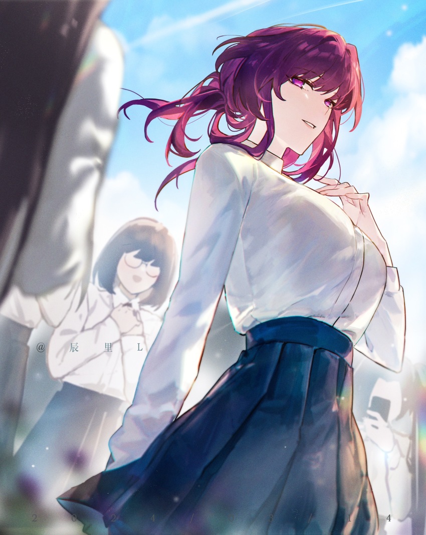 4girls, absurdres, alternate_costume, black_hair, blue_skirt, blue_sky, blurry, blurry_foreground