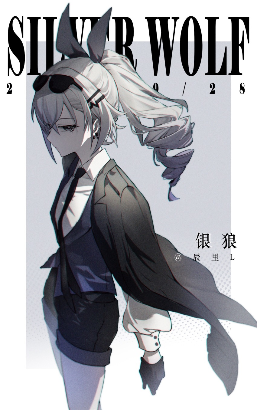 1girl, alternate_costume, artist_name, black_coat, black_eyes, black_gloves, black_necktie, black_shorts