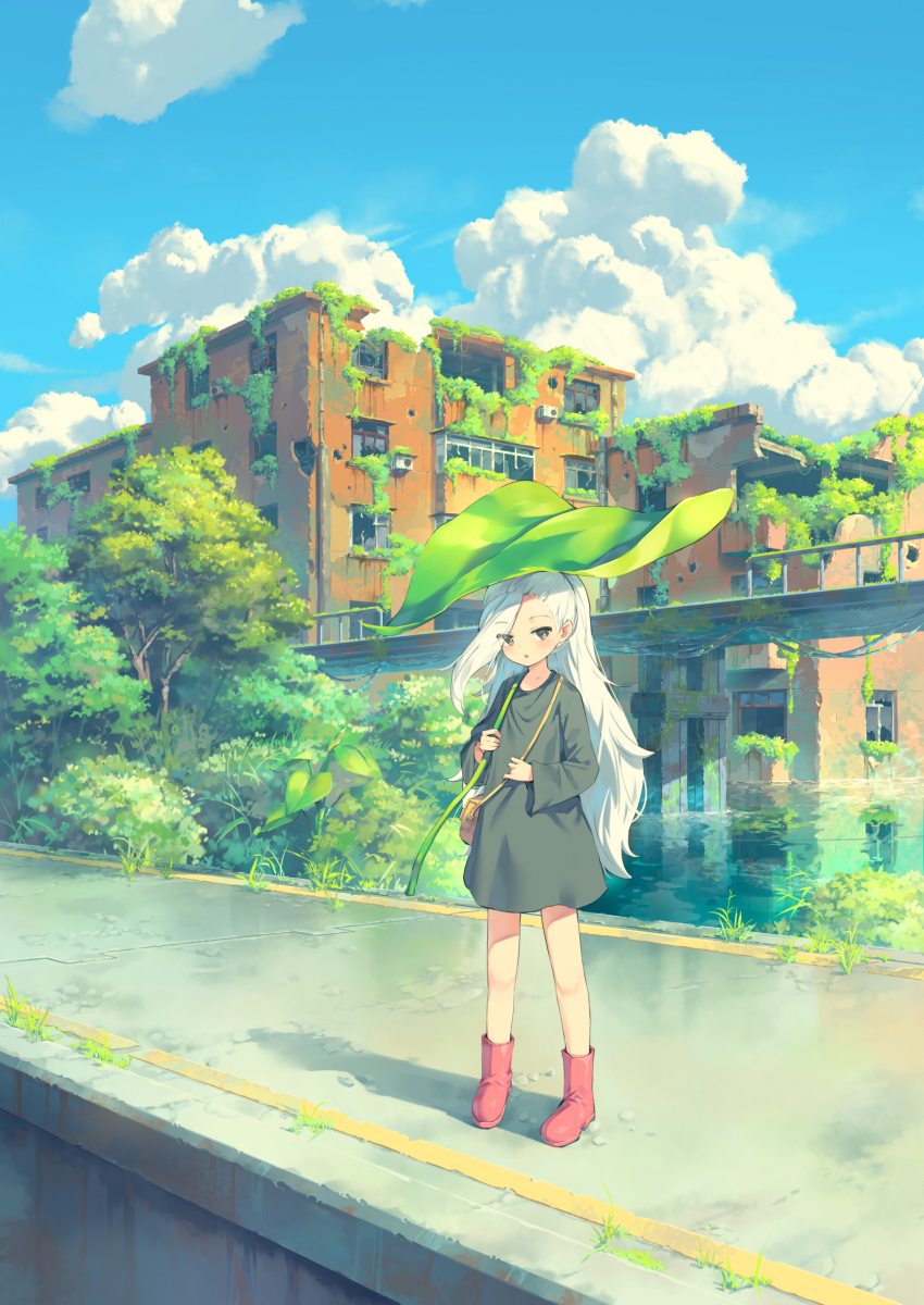 1girl, :o, absurdres, bag, blue_sky, boots, building, character_request, chen_bin, cloud, dress, eastward, grey_dress, grey_eyes, highres, leaf_umbrella, long_hair, red_boots, ruins, shoulder_bag, sky, white_hair, wide_shot, yellow_bag
