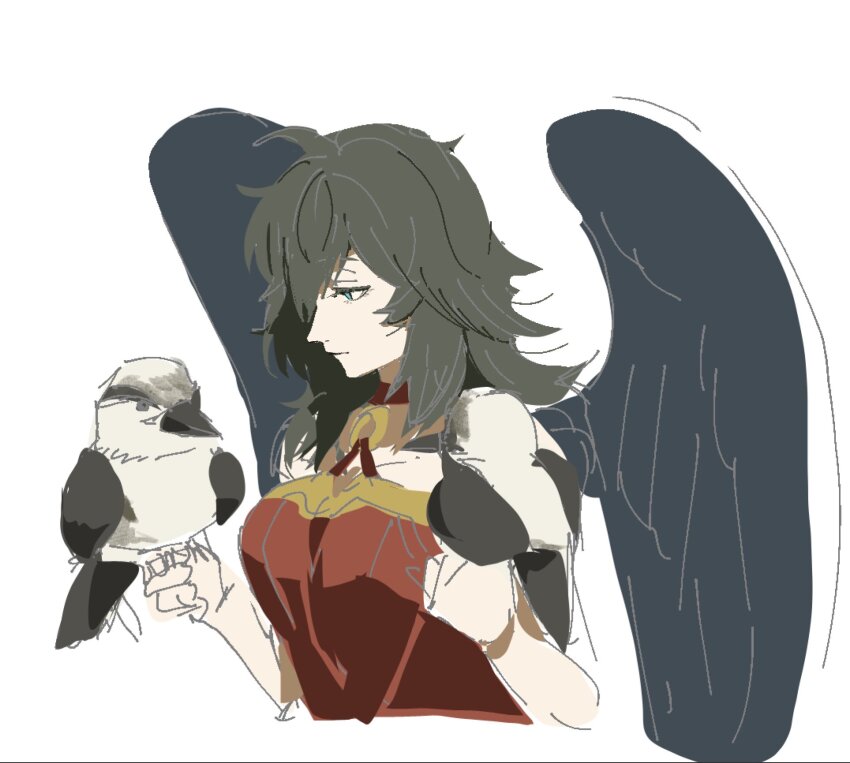 1girl, bare_shoulders, bird, bird_girl, bird_wings, black_hair, black_wings, feathered_wings