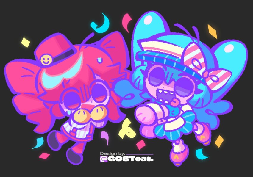 2girls, black_background, black_eyes, blue_dress, blue_hair, blue_hat, confetti, dress