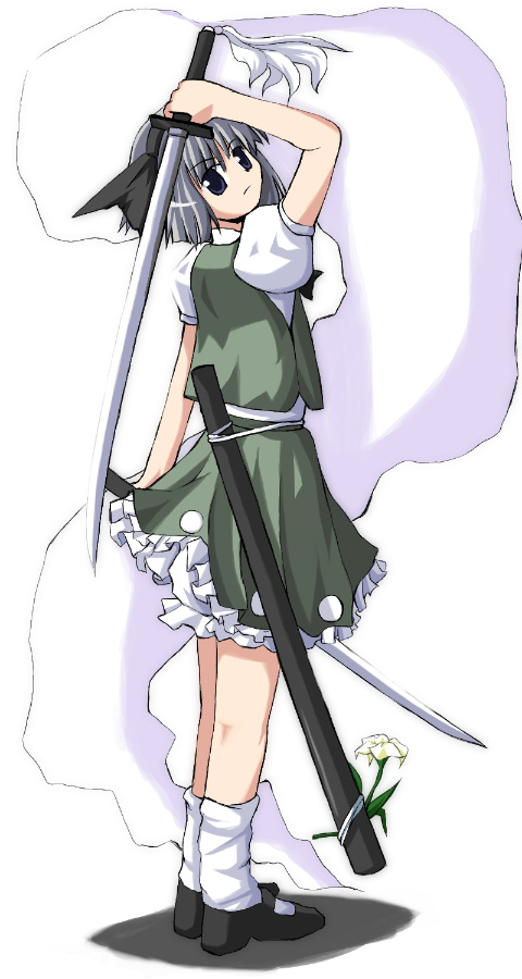 1girl, bloomers, blue_eyes, clothes_lift, dual_wielding, female_focus, flower, frills
