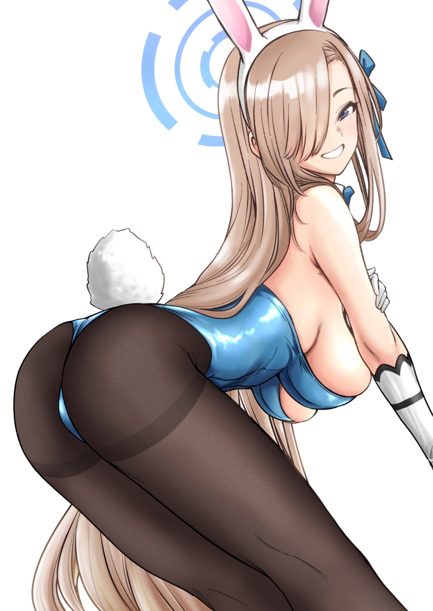 1girl, animal_ears, ass, asuna_(blue_archive), asuna_(bunny)_(blue_archive), asymmetrical_bangs, black_pantyhose, blue_archive