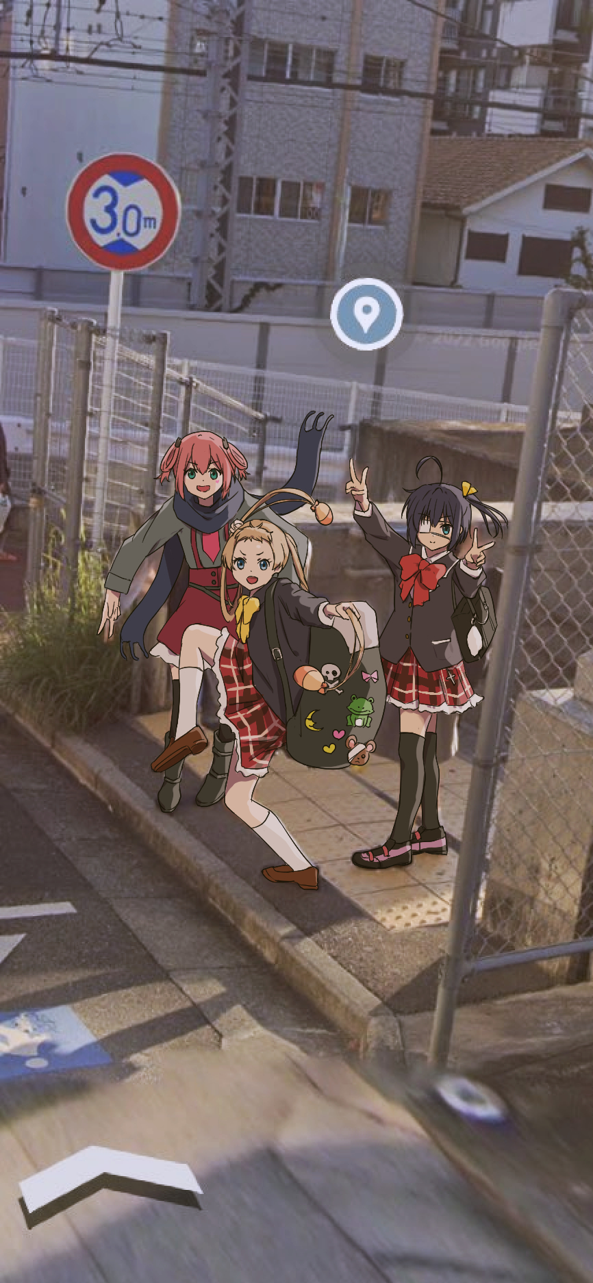 3girls, :d, ahoge, bag, black_bag, black_hair, black_jacket, black_thighhighs