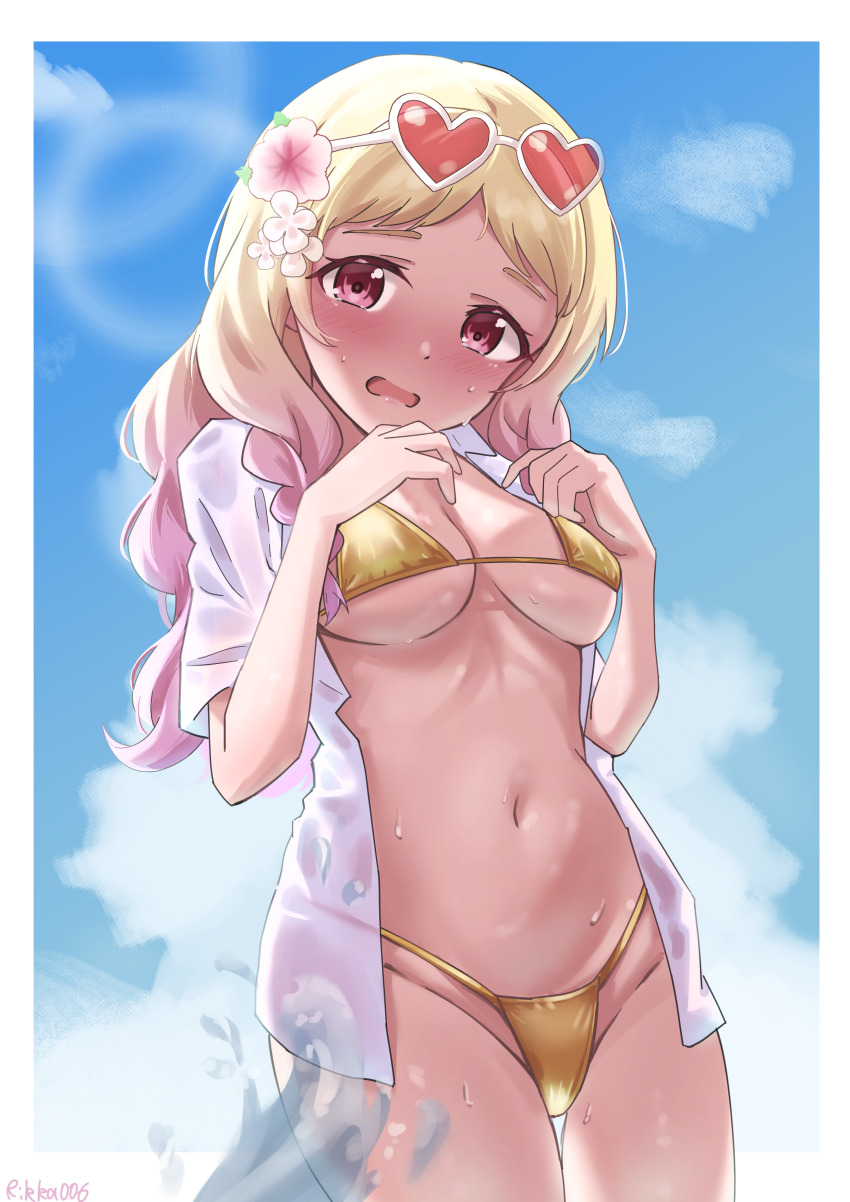 1girl, absurdres, bikini, blonde_hair, blue_sky, breasts, brown_eyes, cloud