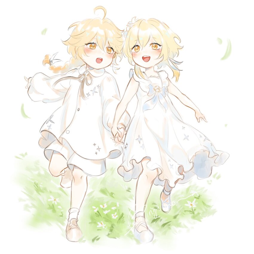 1boy, 1girl, aether_(genshin_impact), aged_down, ahoge, alternate_costume, arm_up, artist_name, bare_shoulders, blonde_hair, blue_bow, blue_footwear, blush, bow, braid, brother_and_sister, brown_eyes, brown_footwear, brown_ribbon, buttons, child, collared_shirt, commentary, dress, earrings, english_commentary, evee_(bingumon), feather_hair_ornament, feathers, fingernails, flower, full_body, genshin_impact, grass, hair_between_eyes, hair_flower, hair_ornament, hair_ribbon, highres, holding, holding_hands, jewelry, leaf, leg_up, long_hair, long_sleeves, looking_at_another, lumine_(genshin_impact), neck_ribbon, open_mouth, pointing, puffy_long_sleeves, puffy_sleeves, ribbon, running, shirt, shoes, short_hair, shorts, siblings, sidelocks, simple_background, single_earring, sleeveless, sleeveless_dress, smile, socks, sparkle_print, teeth, tongue, white_background, white_dress, white_flower, white_ribbon, white_shirt, white_shorts, white_socks