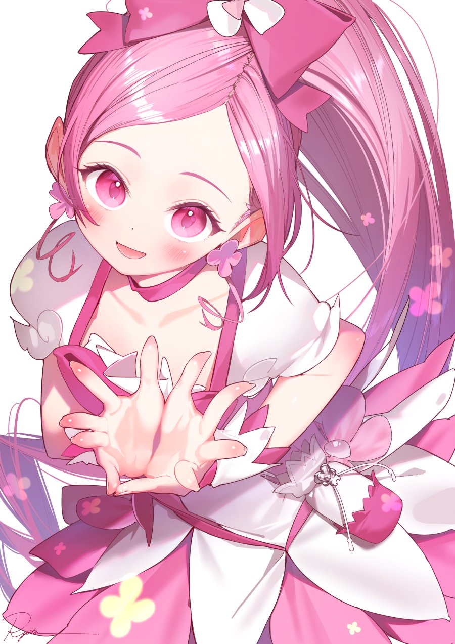 1girl, blush, bow, choker, cure_blossom, dress, flower_hands, from_above