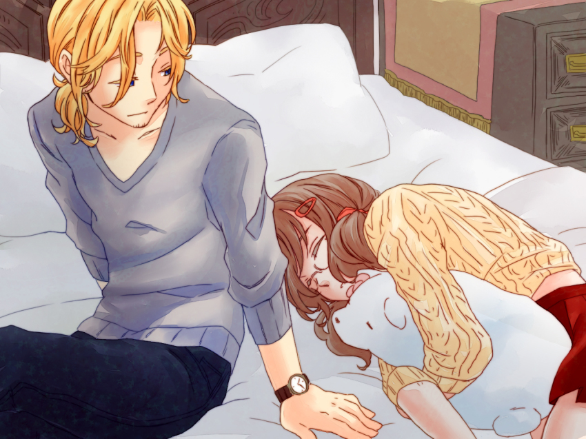 1boy, 1girl, axis_powers_hetalia, az0212, bad_id, bad_pixiv_id, bear, bed