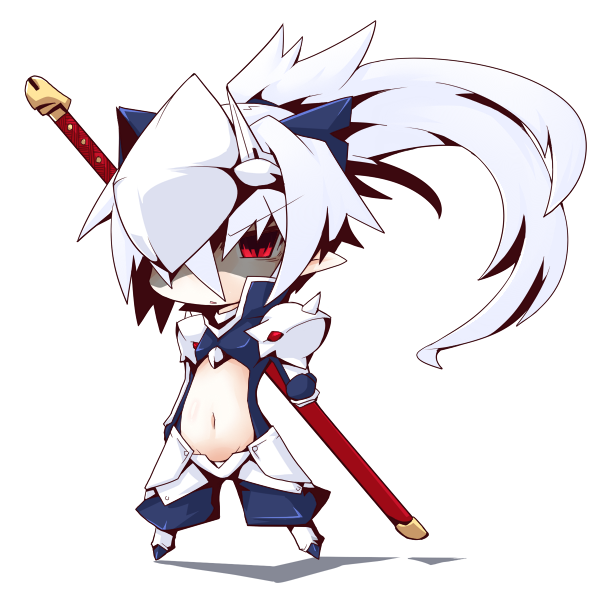 1girl, arc_system_works, armor, blazblue, blazblue:_calamity_trigger, chibi, cosplay, female_focus, flat_chest, full_body, hakumen, hakumen_(cosplay), horns, long_hair, mask, midriff, navel, original, pointy_ears, ponytail, red_eyes, reku, shiroko_(reku), solo, sword, weapon, white_background, white_hair