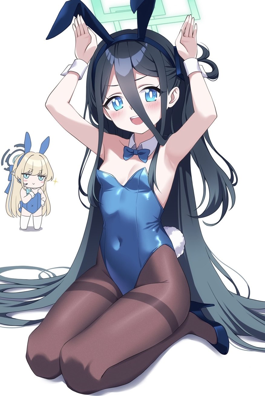 2girls, animal_ears, aqua_bow, aqua_bowtie, aqua_halo, aris_(blue_archive), black_hair, blonde_hair