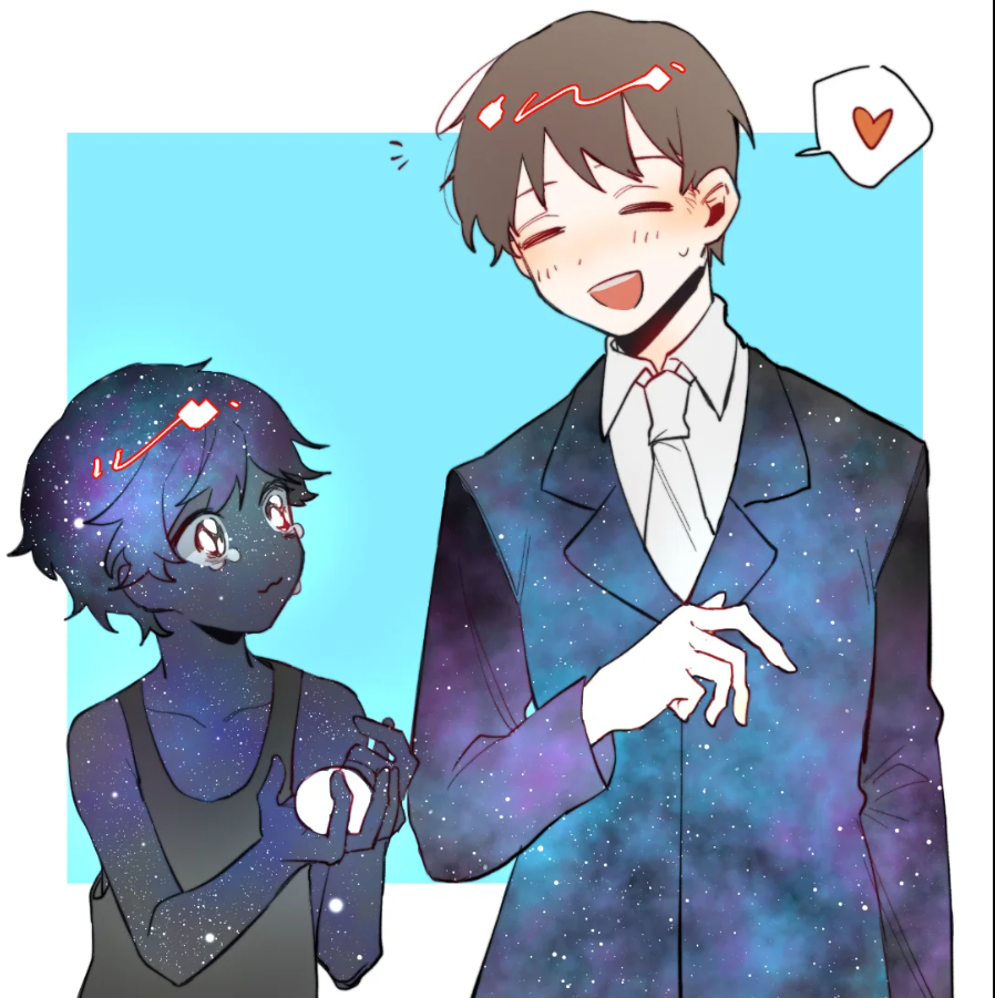 2boys, :3, black_eyes, blue_hair, blue_jacket, blue_skin, child_of_the_galaxy, closed_mouth, collared_shirt, colored_skin, crying, e.g.o_(project_moon), employee_(project_moon), heart, huabudong, jacket, lobotomy_corporation, long_sleeves, multiple_boys, necktie, nugget_(project_moon), our_galaxy_(e.g.o), project_moon, shirt, smile, sparkling_eyes, speech_bubble, spoken_heart, tears, white_necktie, white_shirt, wing_collar