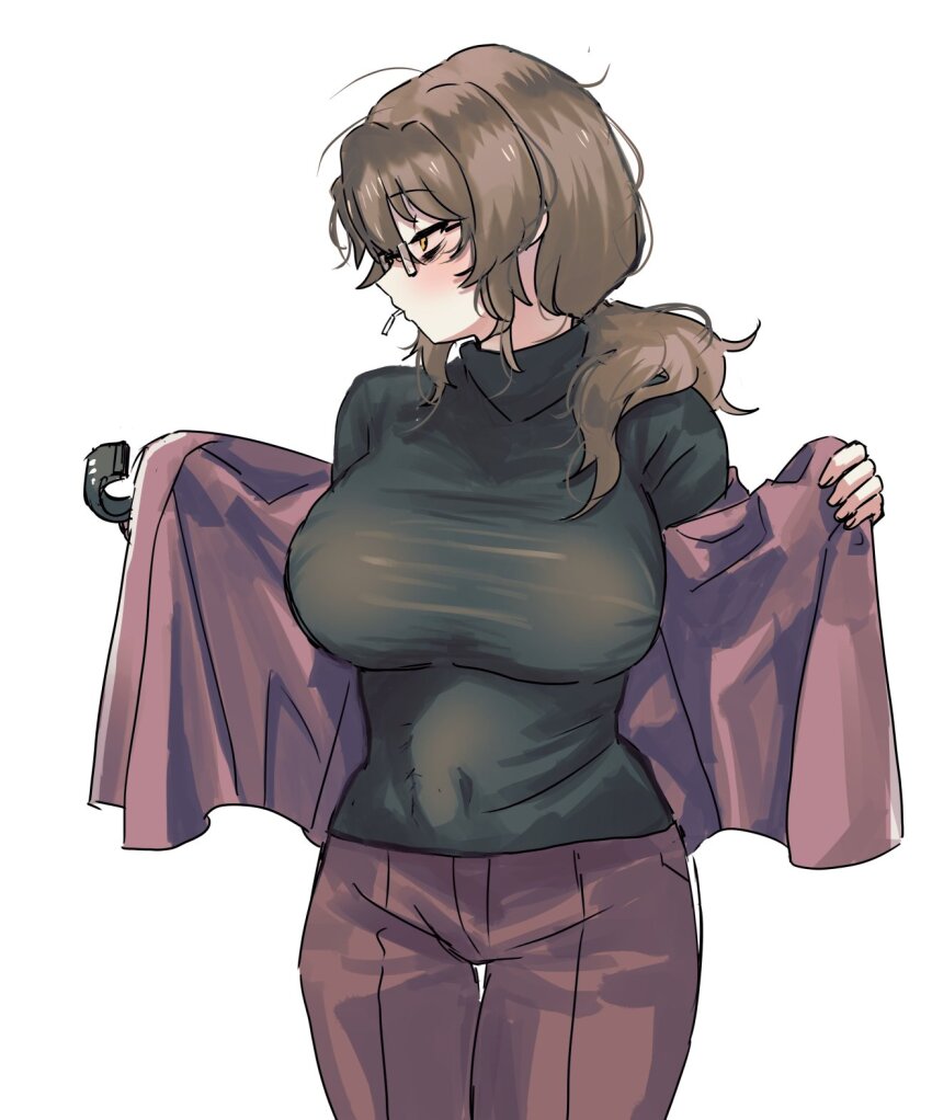 1girl, black_sweater, breasts, brown_eyes, brown_hair, cigarette, cowboy_shot, genderswap
