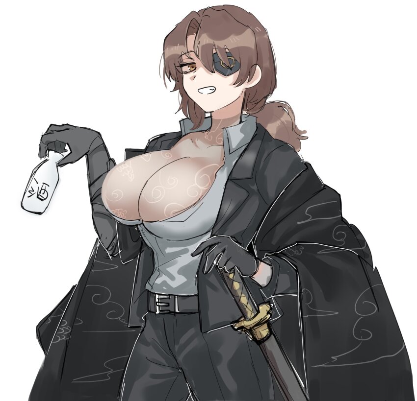 1girl, black_jacket, black_kimono, black_pants, bottle, breasts, brown_eyes, brown_hair