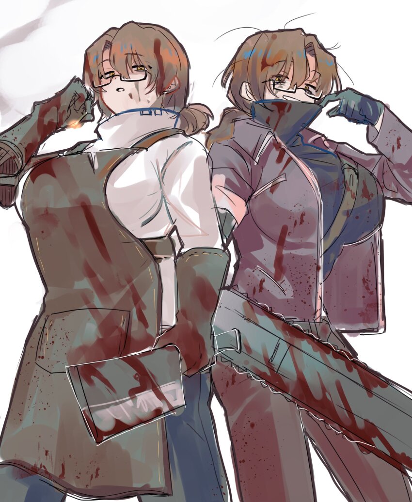 2girls, apron, black_gloves, black_sweater, blood, blood_on_clothes, blood_on_face, bloody_weapon