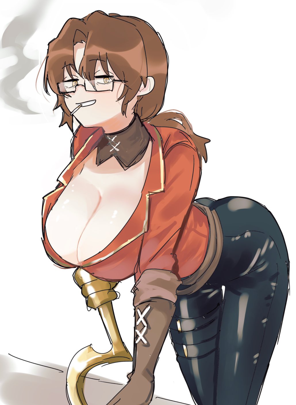 1girl, breasts, brown_eyes, brown_gloves, brown_hair, cigarette, cleavage, detached_collar, genderswap, genderswap_(mtf), glasses, gloves, gregor_(project_moon), grin, highres, hook_hand, jacket, kikkoinu, large_breasts, leaning_forward, limbus_company, long_sleeves, looking_at_viewer, low_ponytail, parted_bangs, ponytail, project_moon, red_jacket, smile, smoke, smoking, solo