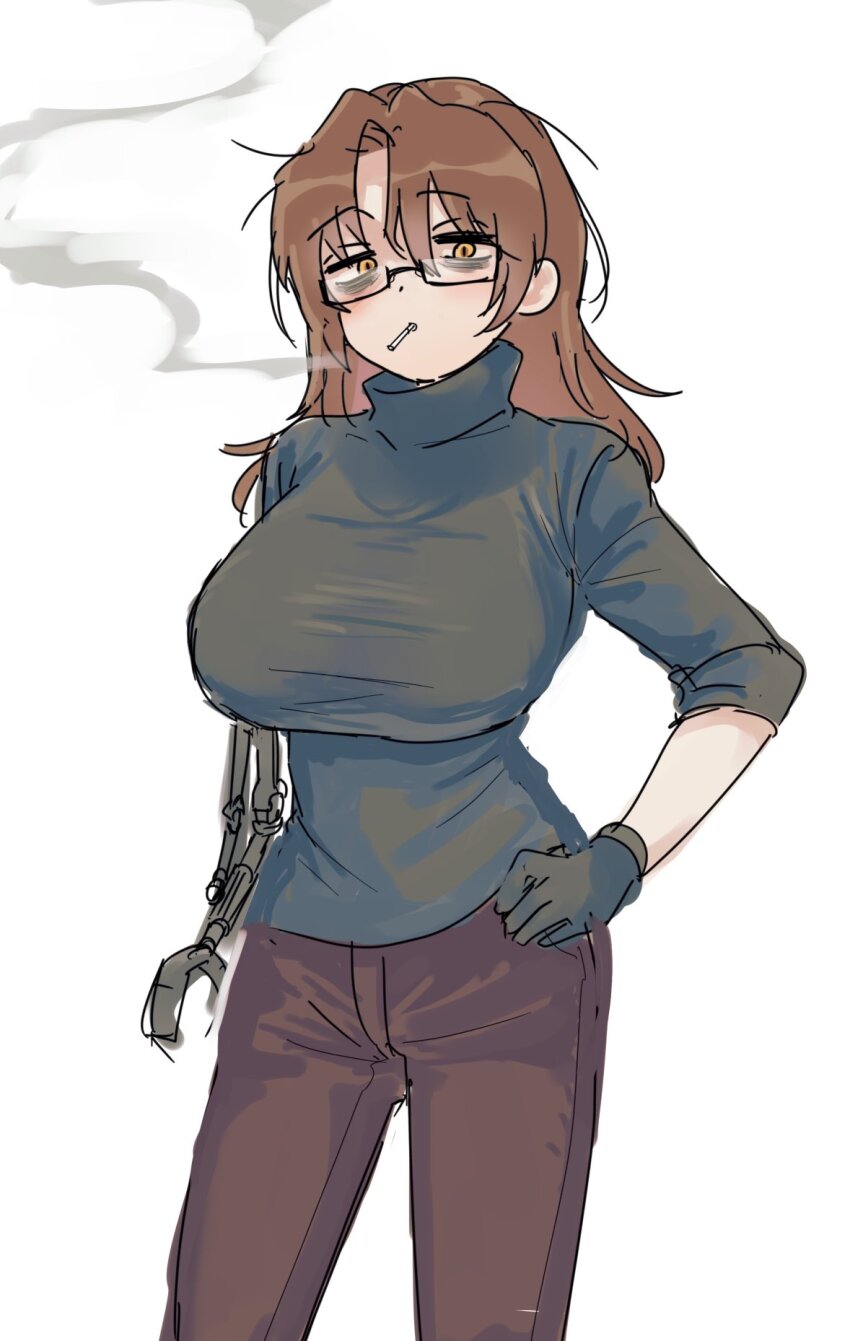 1girl, bags_under_eyes, black_gloves, black_sweater, breasts, brown_eyes, brown_hair, brown_pants