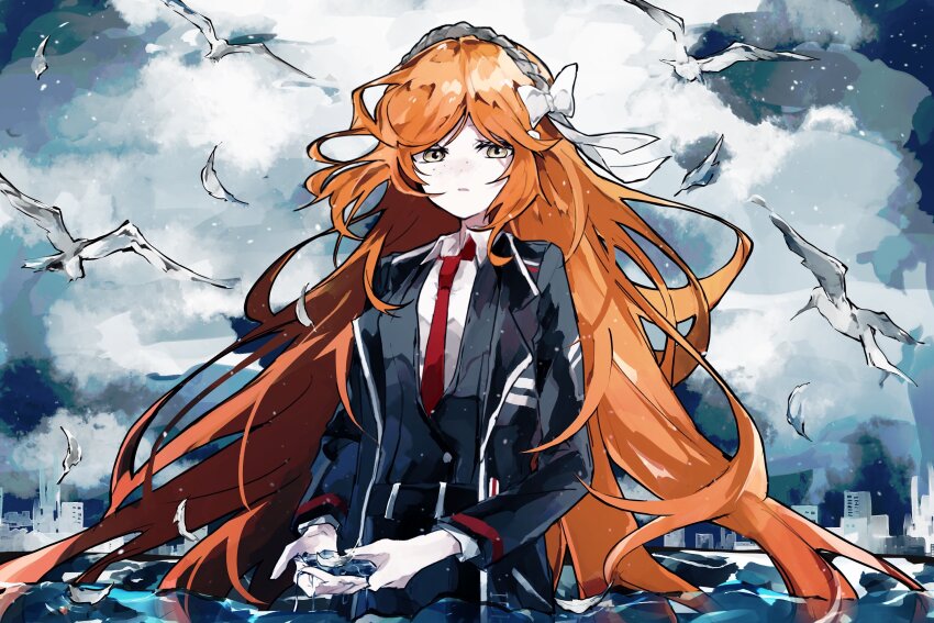 1girl, bird, black_jacket, black_vest, bow, brown_hairband, collared_shirt, cowboy_shot