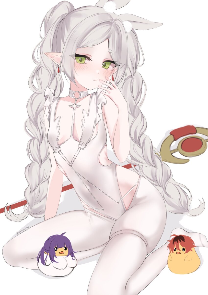 1girl, acedia, animal_ears, azur_lane, baby_animal, bird, breasts, chick, closed_mouth, cosplay, covered_navel, earrings, fake_animal_ears, fern_(sousou_no_frieren), fern_(sousou_no_frieren)_(cosplay), floating_earrings, frieren, green_eyes, hand_up, highres, jewelry, le_malin_(azur_lane), le_malin_(azur_lane)_(cosplay), le_malin_(listless_lapin)_(azur_lane), leotard, light_blush, long_hair, looking_at_viewer, manjuu_(azur_lane), parted_bangs, playboy_bunny, pointy_ears, purple_hair, rabbit_ears, red_hair, simple_background, sketch, small_breasts, sousou_no_frieren, staff, stark_(sousou_no_frieren), stark_(sousou_no_frieren)_(cosplay), thigh_strap, thighhighs, twintails, twitter_username, white_background, white_hair, white_leotard, white_thighhighs