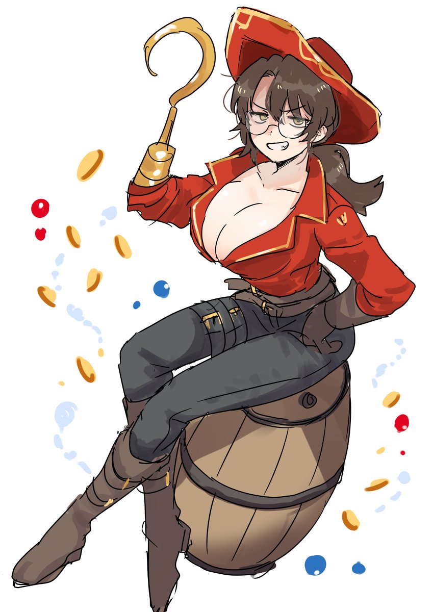 1girl, barrel, belt, black_pants, boots, breasts, brown_belt, brown_boots