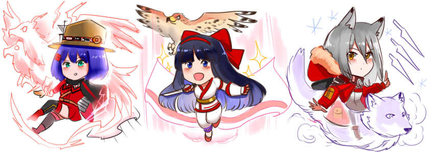 3girls, ainu_clothes, animal_ears, athena-ban, black_hair, blue_eyes, blue_hair, breasts