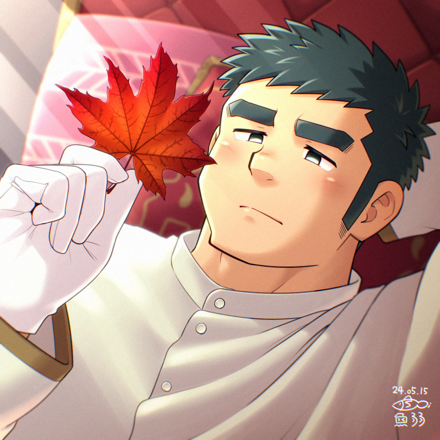1boy, autumn_leaves, bara, black_hair, blush, crave_saga, dated, gloves, holding, holding_leaf, jeffrey_(crave_saga), leaf, long_sideburns, looking_at_object, lying, male_focus, maple_leaf, on_back, priest, short_hair, sideburns, solo, thick_eyebrows, yowaifish