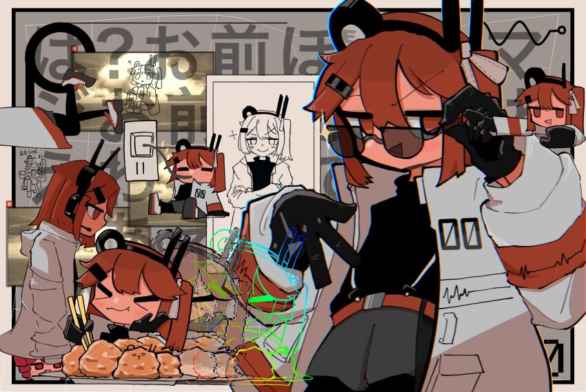 >_<, 2girls, :t, =_=, a.i._voice, adachi_rei, adjusting_eyewear, black_gloves