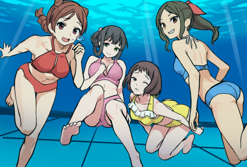 4girls, air_bubble, ass, bikini, black_hair, blue_bikini, bow, breasts