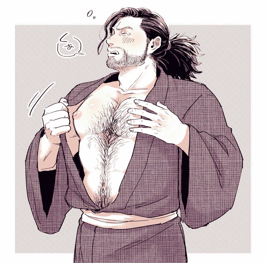1boy, bara, beard, black_hair, chest_hair, closed_eyes, collarbone, facial_hair