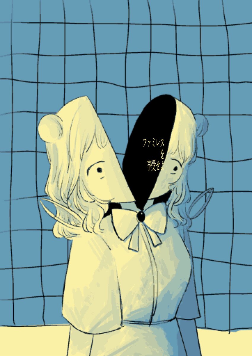 1girl, absurdres, blue_background, bow, bowtie, brooch, chenes_(famiresu_wo_kyouju_seyo), double_bun