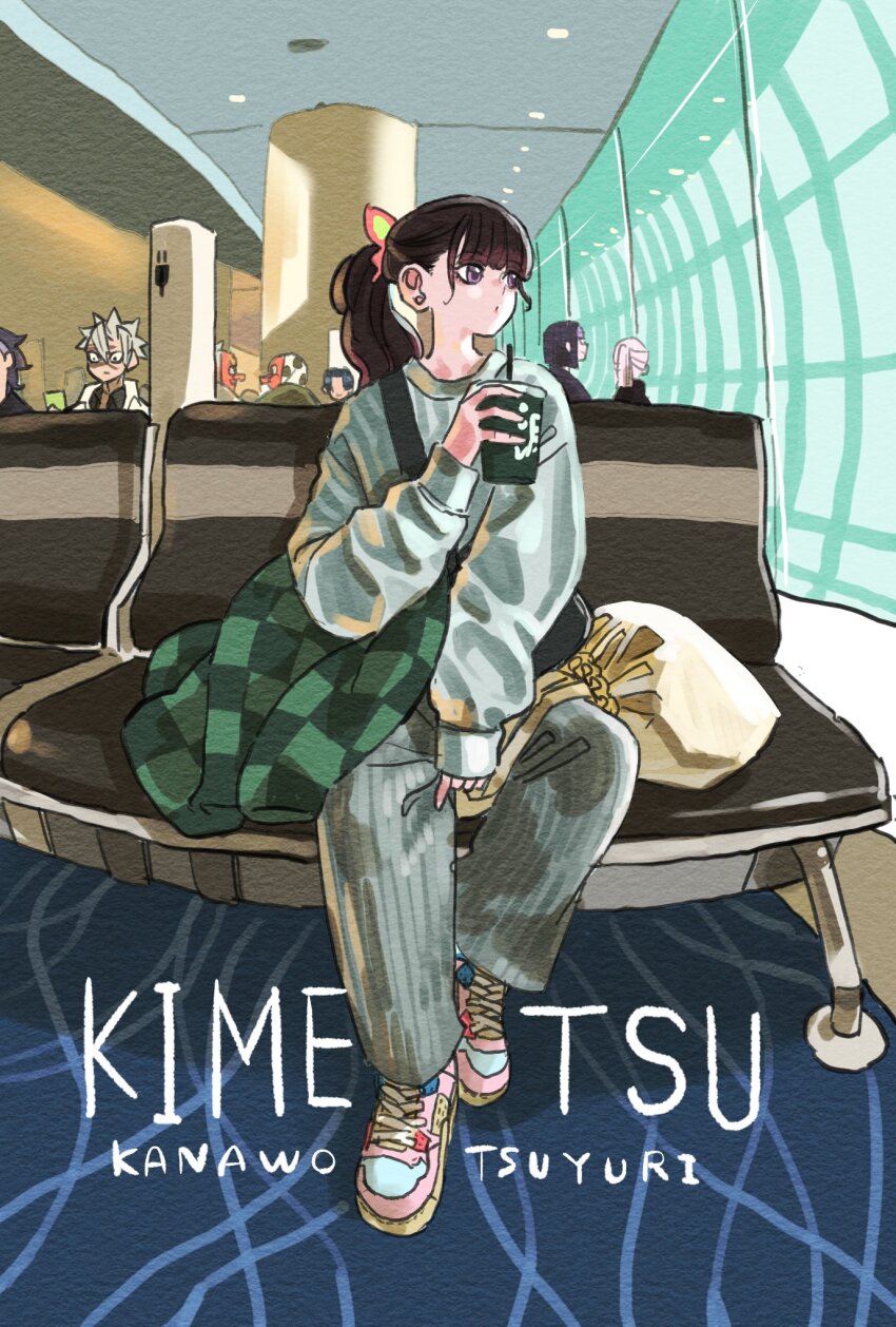 2girls, 6+boys, bag, bench, black_hair, blunt_bangs, bob_cut, butterfly_hair_ornament