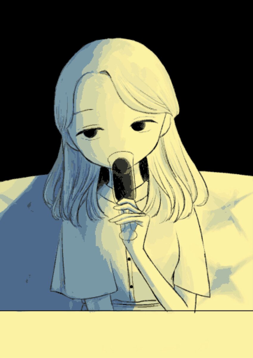 1girl, absurdres, black_background, buttons, cup, drinking, drinking_glass, famiresu_wo_kyouju_seyo