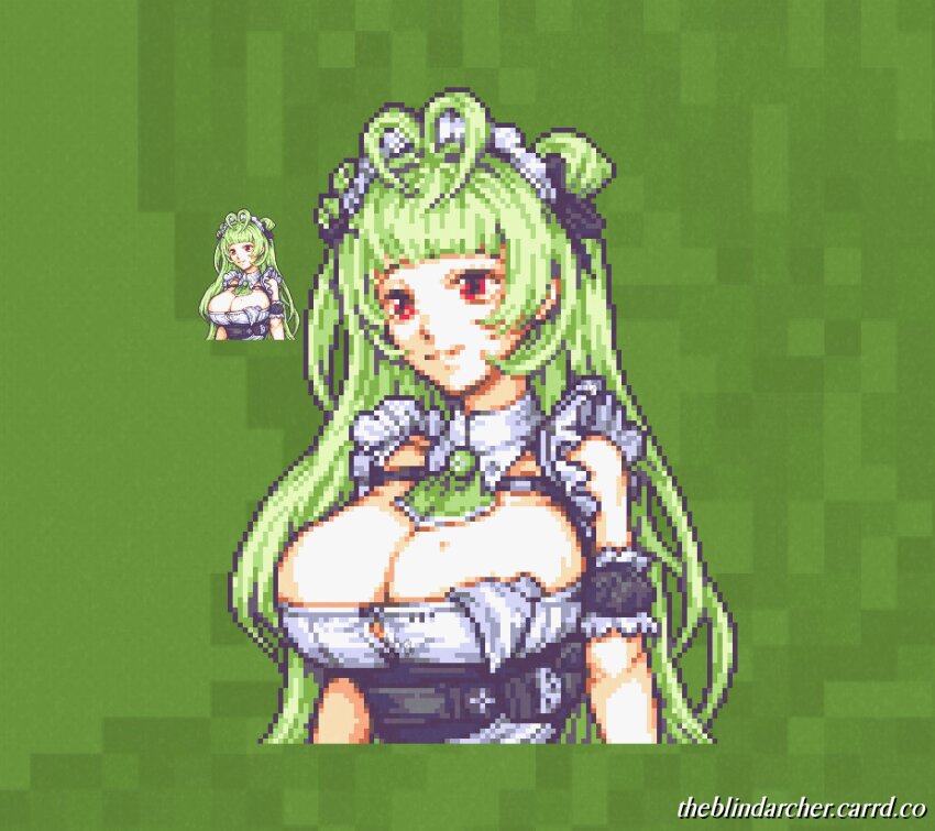 1girl, antenna_hair, apron, arm_cuffs, ascot, breasts, button_gap, cleavage, closed_mouth, detached_collar, double_bun, frills, goddess_of_victory:_nikke, green_ascot, green_hair, hair_bun, hair_ornament, hair_ribbon, hairclip, heart_antenna_hair, highres, large_breasts, long_hair, maid, maid_apron, maid_headdress, mole, mole_on_breast, pink_eyes, pixel_art, ribbon, sleeveless, smile, soda_(nikke), theblindarcher