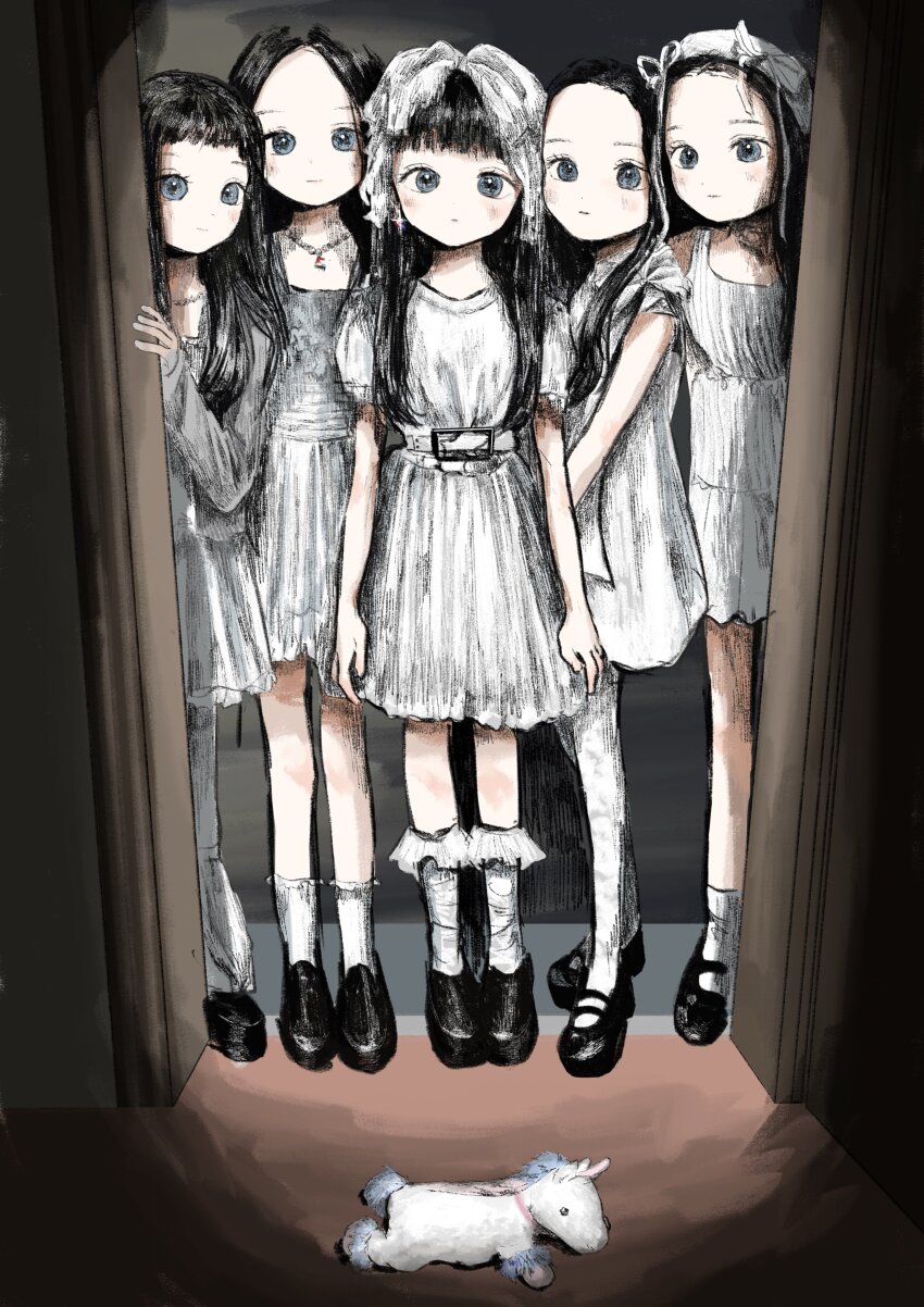 5girls, absurdres, belt_buckle, black_footwear, black_hair, blue_eyes, buckle, closed_mouth