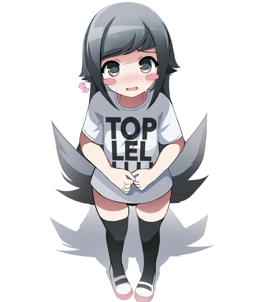 1girl, black_hair, blush, blush_stickers, from_above, grey_eyes, grey_hair, hair_flaps