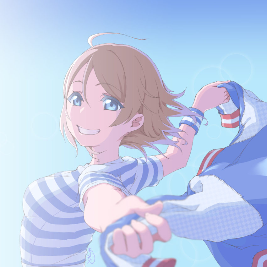 1girl, arms_behind_back, blue_eyes, breasts, brown_hair, highres, jacket, looking_at_viewer