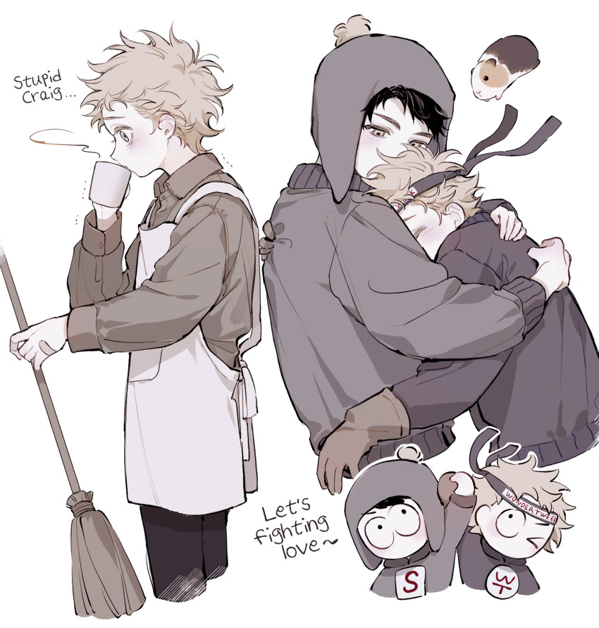 0o0_w_o0, 2boys, animal, apron, bandaid, bandaid_on_hand, black_hair, blonde_hair, broom, chibi, chullo, closed_eyes, collared_shirt, craig_tucker, cropped_legs, cup, drinking, english_text, gloves, guinea_pig, hat, headband, highres, holding, holding_broom, holding_cup, holding_hands, hug, long_sleeves, male_focus, mug, multiple_boys, one_eye_closed, shirt, south_park, south_park:_the_fractured_but_whole, steam, super_craig, trembling, tweek_tweak, wonder_tweek, yaoi, yellow_eyes