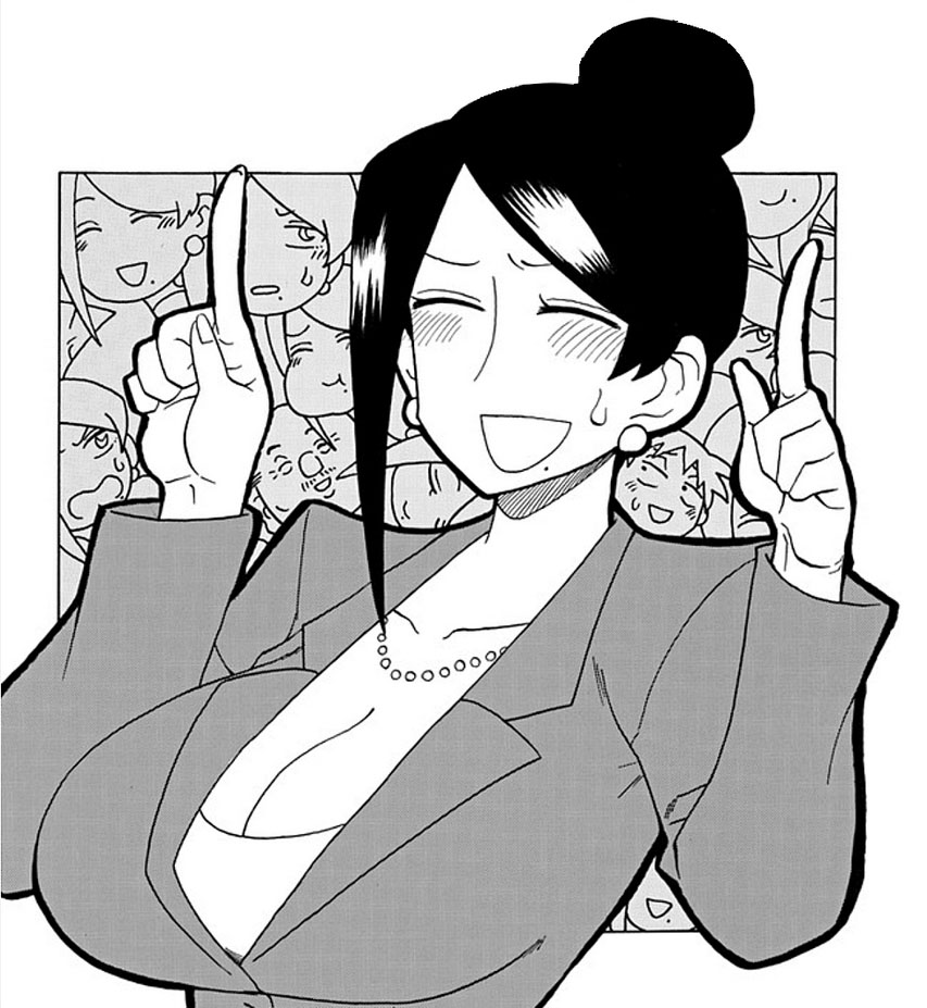 arched_back, asymmetrical_bangs, bijin_onna_joushi_takizawa-san, black_hair, blazer, blush, breasts, cleavage