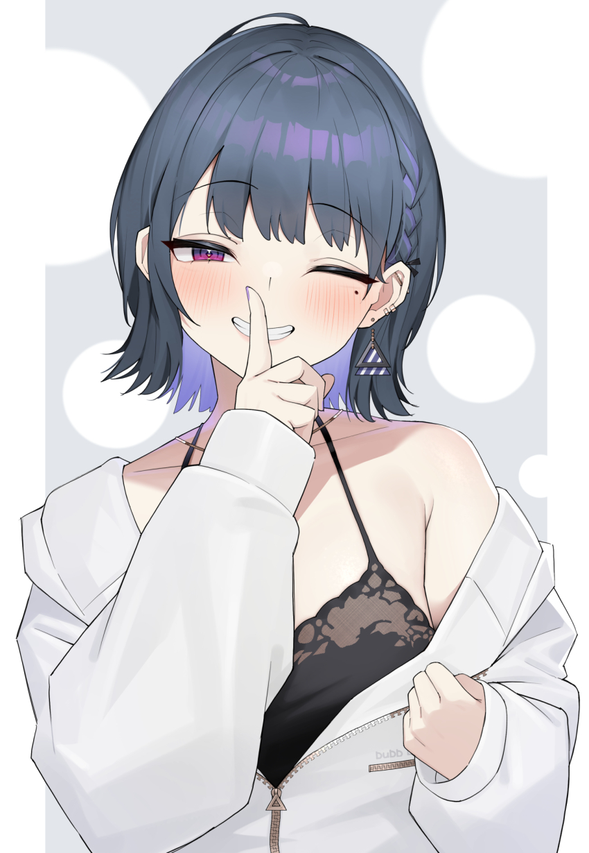 1girl, barbell_piercing, black_camisole, blue_hair, braid, camisole, colored_inner_hair, ear_piercing, earrings, finger_to_mouth, french_braid, grin, highres, index_finger_raised, jacket, jewelry, katahaba_keiji, koshimizu_toru, koshimizu_toru_(2nd_costume), long_sleeves, looking_at_viewer, mole, mole_under_eye, multicolored_hair, necklace, nijisanji, off_shoulder, official_alternate_hairstyle, one_eye_closed, piercing, purple_eyes, purple_nails, short_hair, shushing, simple_background, single_bare_shoulder, sleeves_past_wrists, smile, solo, triangle_earrings, two-tone_hair, virtual_youtuber, white_background, white_jacket, zipper_pull_tab