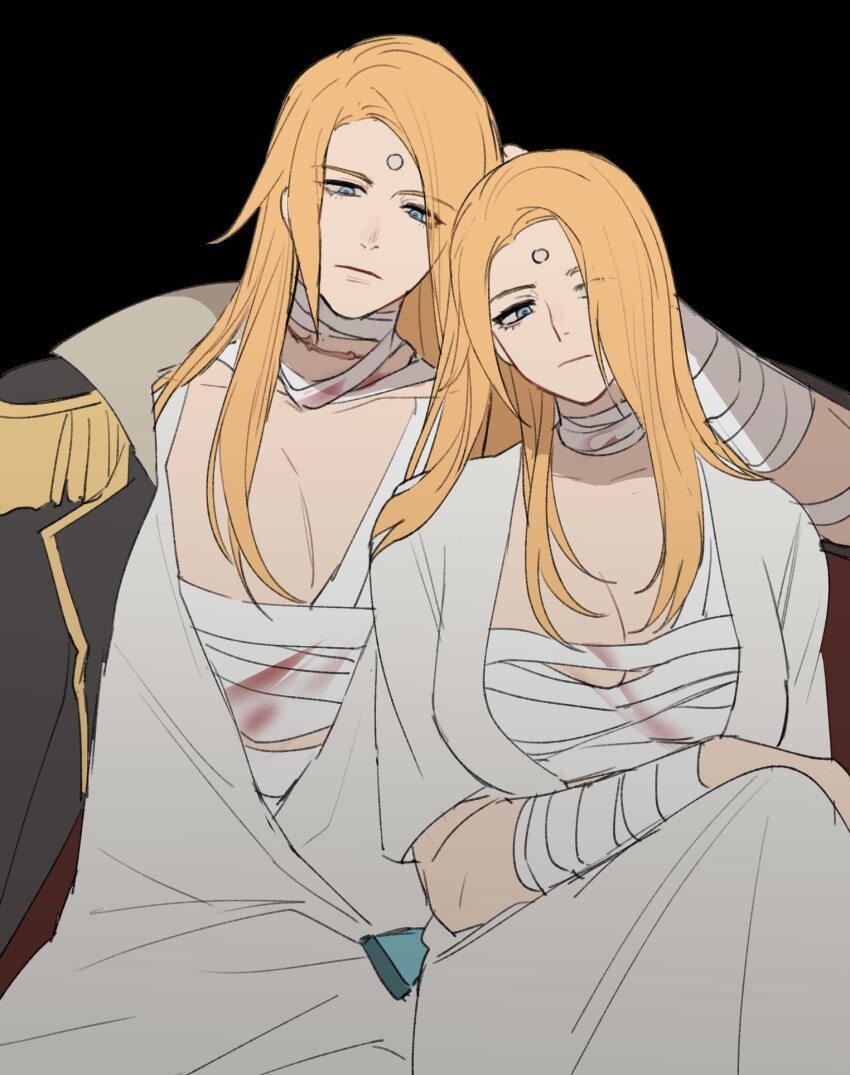 1boy, 1girl, bandaged_arm, bandaged_chest, bandaged_neck, bandages, black_background, black_coat