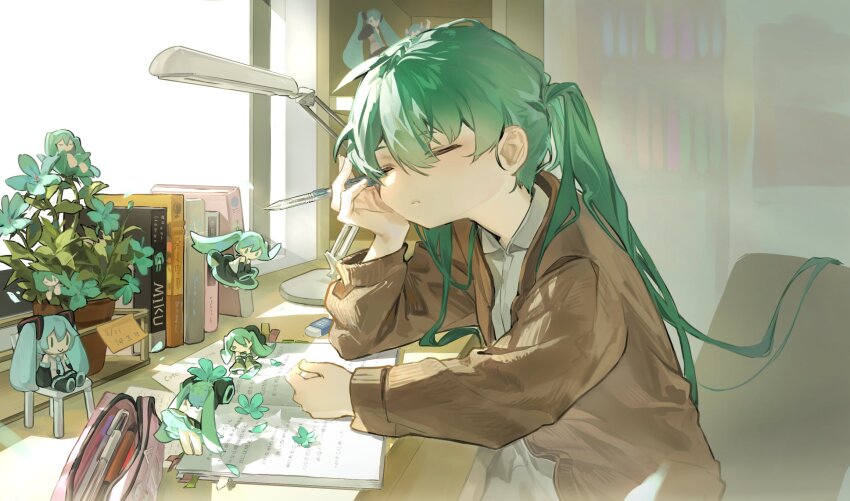 1girl, book, chi_chi3939, closed_eyes, closed_mouth, desk, hatsune_miku, highres