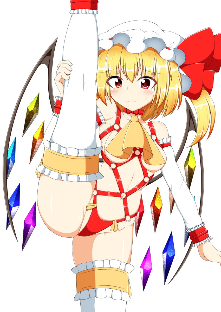 1girl, ascot, bikini, blonde_hair, blush, closed_mouth, convenient_censoring, crystal