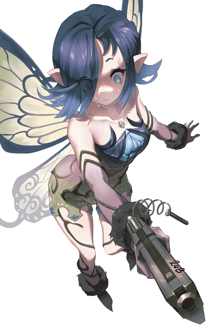 1girl, @_@, bare_shoulders, bimel_isabella, black_gloves, black_hair, blue_eyes, boots