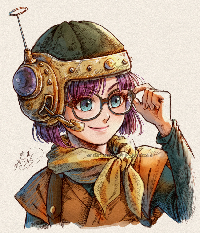 1girl, adjusting_eyewear, artist_name, black-framed_eyewear, blue_eyes, chrono_trigger, closed_mouth, glasses