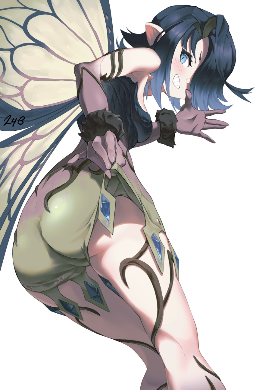 1girl, ass, bimel_isabella, black_gloves, black_hair, blue_eyes, blush, clothes_lift, dress, dress_lift, fairy, fairy_wings, final_fantasy, final_fantasy_xiv, from_behind, fur-trimmed_gloves, fur_trim, gloves, gradient_clothes, gradient_dress, gradient_skin, gun, hair_over_one_eye, highres, lifting_own_clothes, long_hair, looking_at_viewer, pointy_ears, solo, statice_(ff14), strapless, strapless_dress, weapon, white_background, wings